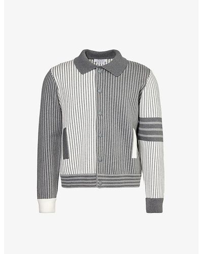 Thom Browne Tol Grey Welt-pocket Stripe-pattern Cotton-blend Polo Shirt