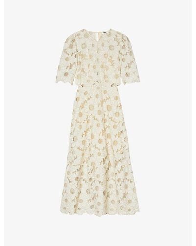 Sandro Floral-embroidered Scalloped-trim Woven Maxi Dress - Natural