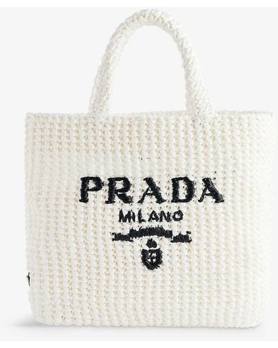 Prada Logo Small Straw Tote Bag - White