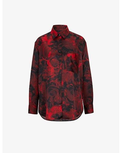 HUGO Rose-print Relaxed-fit Woven Shirt - Red