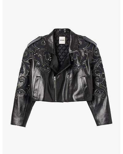 Sandro Mariah Stud-embellished Cropped Leather Jacket - Black