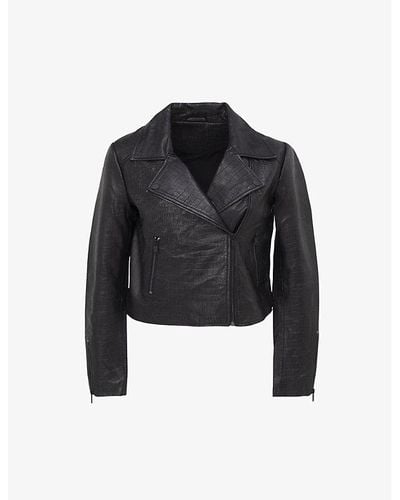 IKKS Crocodile-print Zip-fastening Regular-fit Croc-embossed Leather Jacket X - Black