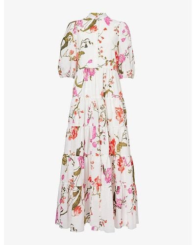 Erdem Floral-pattern Puffed-shoulders Cotton Maxi Dress - Pink