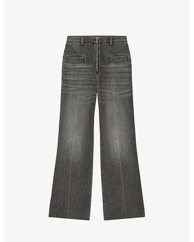 Sandro Logo-zip Flared-leg High-rise Denim Jeans - Gray
