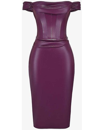 House Of Cb Raven Corseted Faux-leather Midi Dress - Purple
