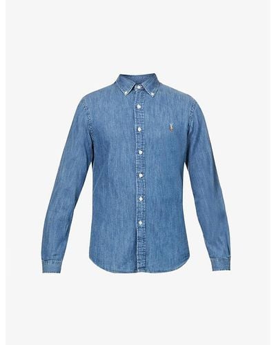 Polo Ralph Lauren Long-sleeved Button-down Slim-fit Cotton Chambray Shirt Xx - Blue