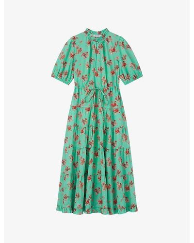 LK Bennett Hedy Floral-print Puff-sleeve Cotton Midi Dress - Green