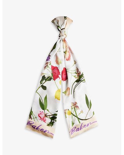 Ted Baker Floral-print Branded Silk Scarf - White