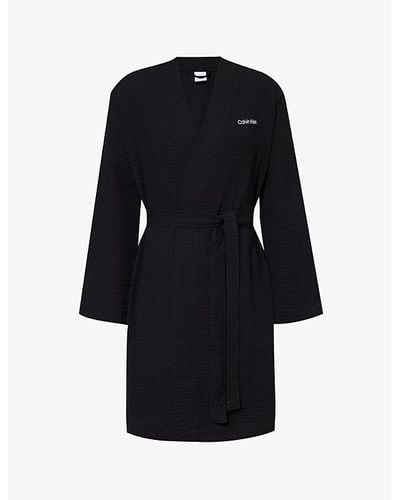 Calvin Klein Logo-embroidered Waffle-textured Cotton And Recycled-polyester Robe - Black