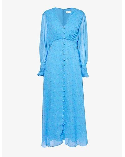 Aspiga Sally Anne Floral-print Rouleaux-button Woven Maxi Dress X - Blue