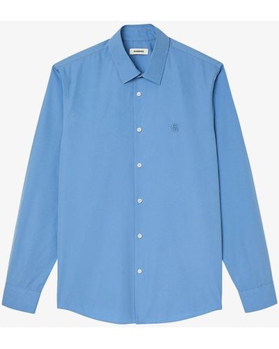 Sandro Brand-embroidered Regular-fit Cotton-blend Shirt - Blue