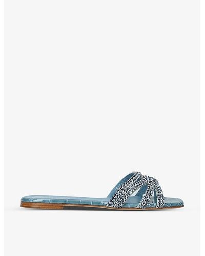 Gina Portland Crystal-embellished Croc-embossed Leather Sandals - Blue