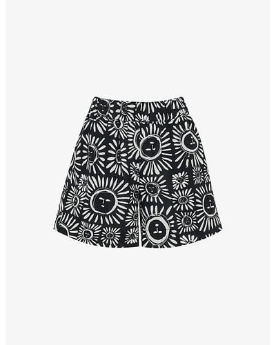 Whistles Sunman Graphic-print Elasticated-band Linen Cotton-blend Shorts - Black