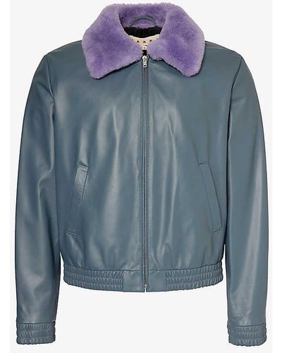 Marni Contrast-collar Boxy-fit Leather Jacket - Blue