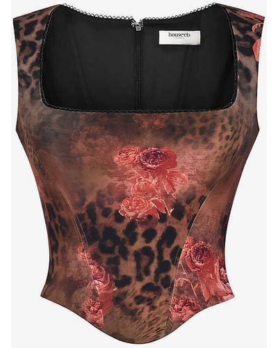 House Of Cb Kalina Floral And Animal-print Stretch-woven Corset - Black