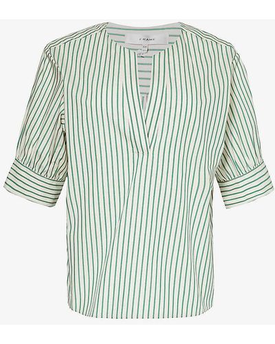 FRAME Puffed-sleeve Relaxed-fit Cotton-poplin Top - Green