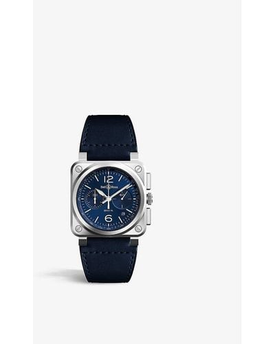Bell & Ross Br0394-blu-st/sca Stainless Steel And Leather Chronograph Watch - Blue
