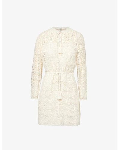 FRAME Lace Tassle Crochet-pattern Cotton Mini Dress - Natural