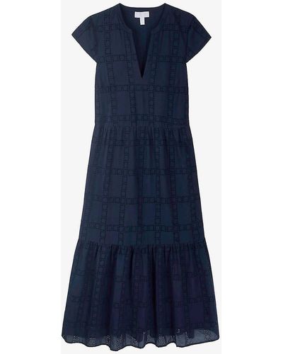 The White Company Geometric-embroidered Tiered Organic-cotton Midi Dress - Blue