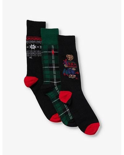Polo Ralph Lauren Logo-embroidered Cotton-blend Knitted Socks Pack Of Three - Black