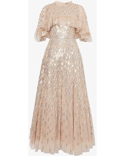 Needle & Thread Sequin-embellished Frill-trim Recycled-polyester Maxi Dress - Natural