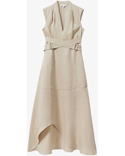 Reiss Ava Belted-waist Dipped-hem Linen Midi Dress - Natural