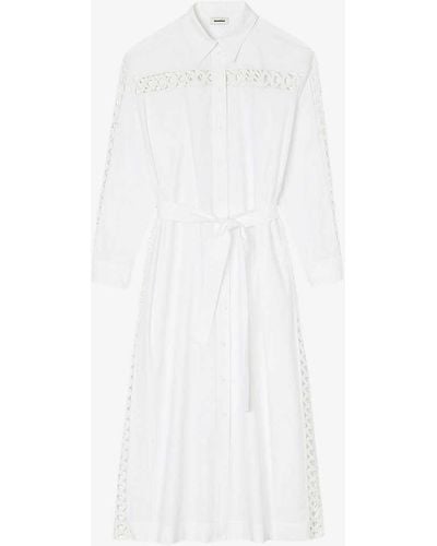 Sandro Open-weave Embroidered Belted Cotton Midi Shirt Dress - White