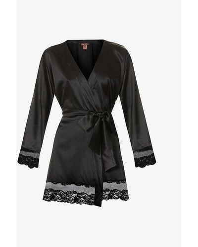 Coco De Mer Seraphine Lace-trim Silk-blend Robe - Black