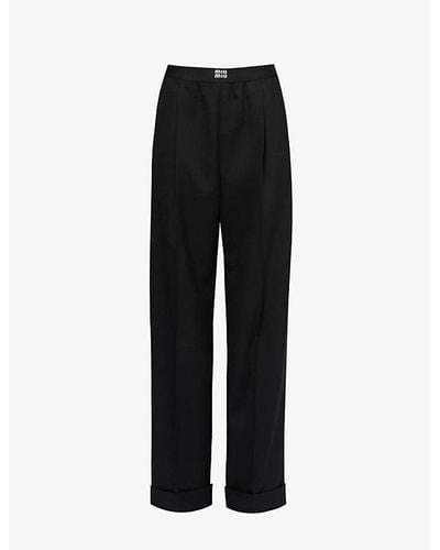 Miu Miu Branded-waistband Pressed-crease Regular-fit Wide-leg High-rise Stretch-wool Trousers - Black