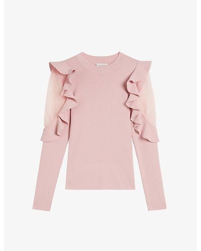 Ted Baker Floraas Sheer-shoulder Frill-sleeve Stretch-knit Top - Pink