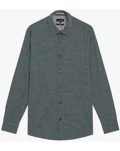 Ted Baker Laceby Geometric-print Stretch-cotton Shirt - Green
