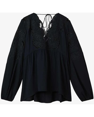 Reiss Noa Lace-insert Relaxed-fit Stretch-woven Blouse - Black