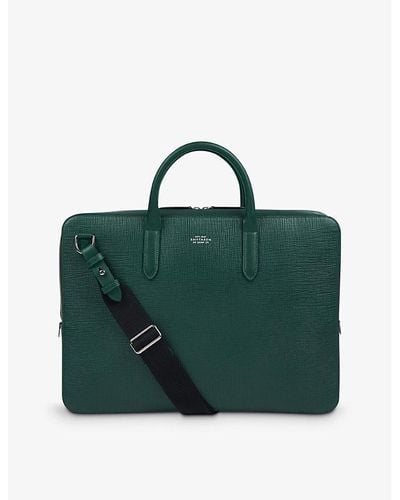 Smythson Panama Logo-embossed Slim Leather Briefcase - Green