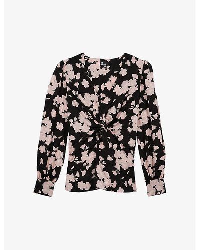 The Kooples Floral-print Gathered-front Woven Top - Black