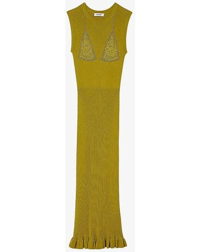 Sandro Triangle Panel Pearl-embellished Knitted Maxi Dress - Green