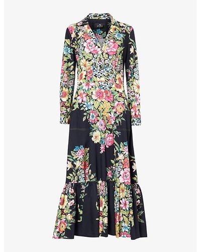 Etro Floral-pattern Gathered-hem Cotton Maxi Dress - Multicolor