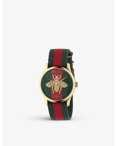 Gucci Ya126487b G-timeless 18ct Yellow Gold-plated Stainless-steel And Canvas Quartz Watch - Red