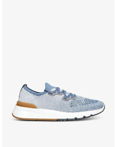 Brunello Cucinelli Brand-embossed Knitted Fabric Sneakers - Blue