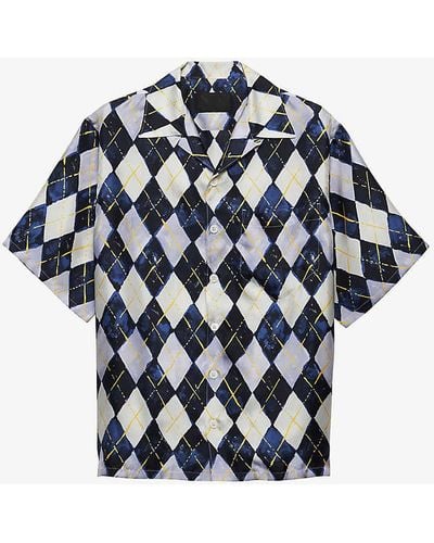 Prada Argyle-patterned Relaxed-fit Silk-twill Shirt X - Blue