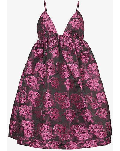 Ganni Botanical Floral-print Recycled-polyester-blend Mini Dress - Purple