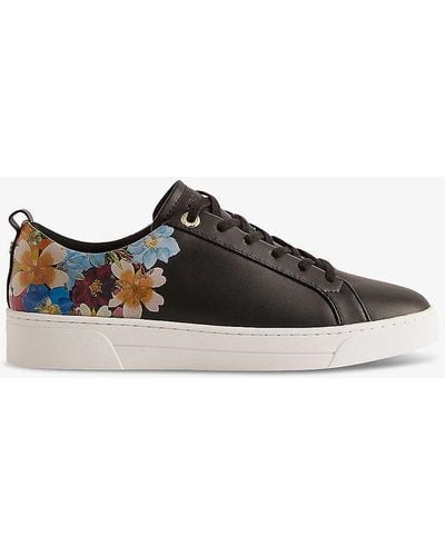 Ted Baker Aleeson Floral-print Leather-blend Low-top Trainers - Brown