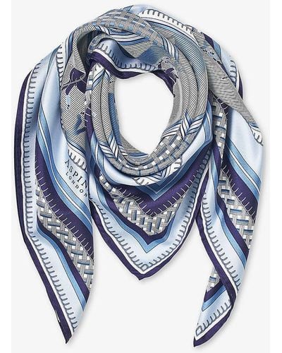 Aspinal of London Horse-print Square Silk Scarf - Blue