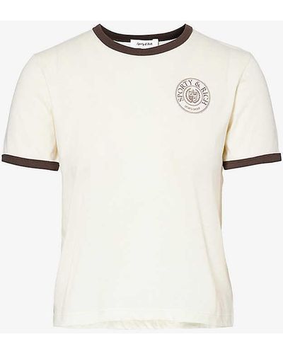 Sporty & Rich Crest-print Contrast-trim Cotton-jersey T-shirt - Natural