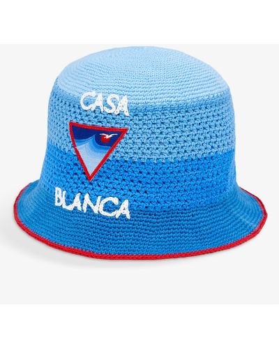Casablancabrand Brand-embroidered Wide-brim Cotton-knit Bucket Hat - Blue