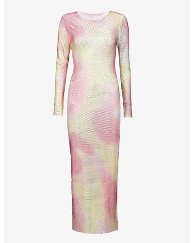Amy Lynn Rhinestone-embellished Semi-sheer Chainmail Midi Dress - Pink