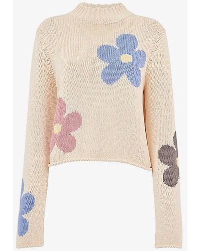 Whistles Floral-intarsia Cropped Knitted Jumper - White