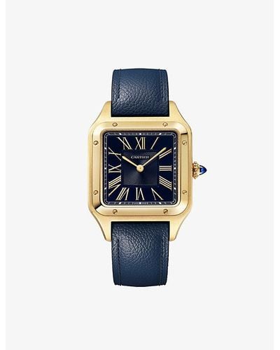 Cartier Crwgsa0094 Santos Dumont Large 18ct Yellow-gold And Grained-leather Quartz Watch - Blue