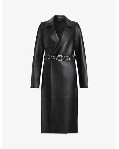 AllSaints Farren Oversized-collar Belted-waist Leather Coat - Black