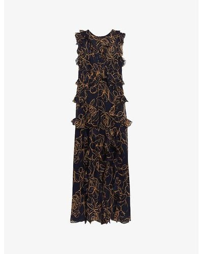 Ted Baker Vy Rize Floral-print Ruffle Woven Midi Dress - Black
