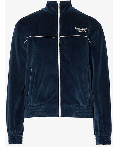 Sporty & Rich Logo-embroidered High-neck Velour Jacket - Blue